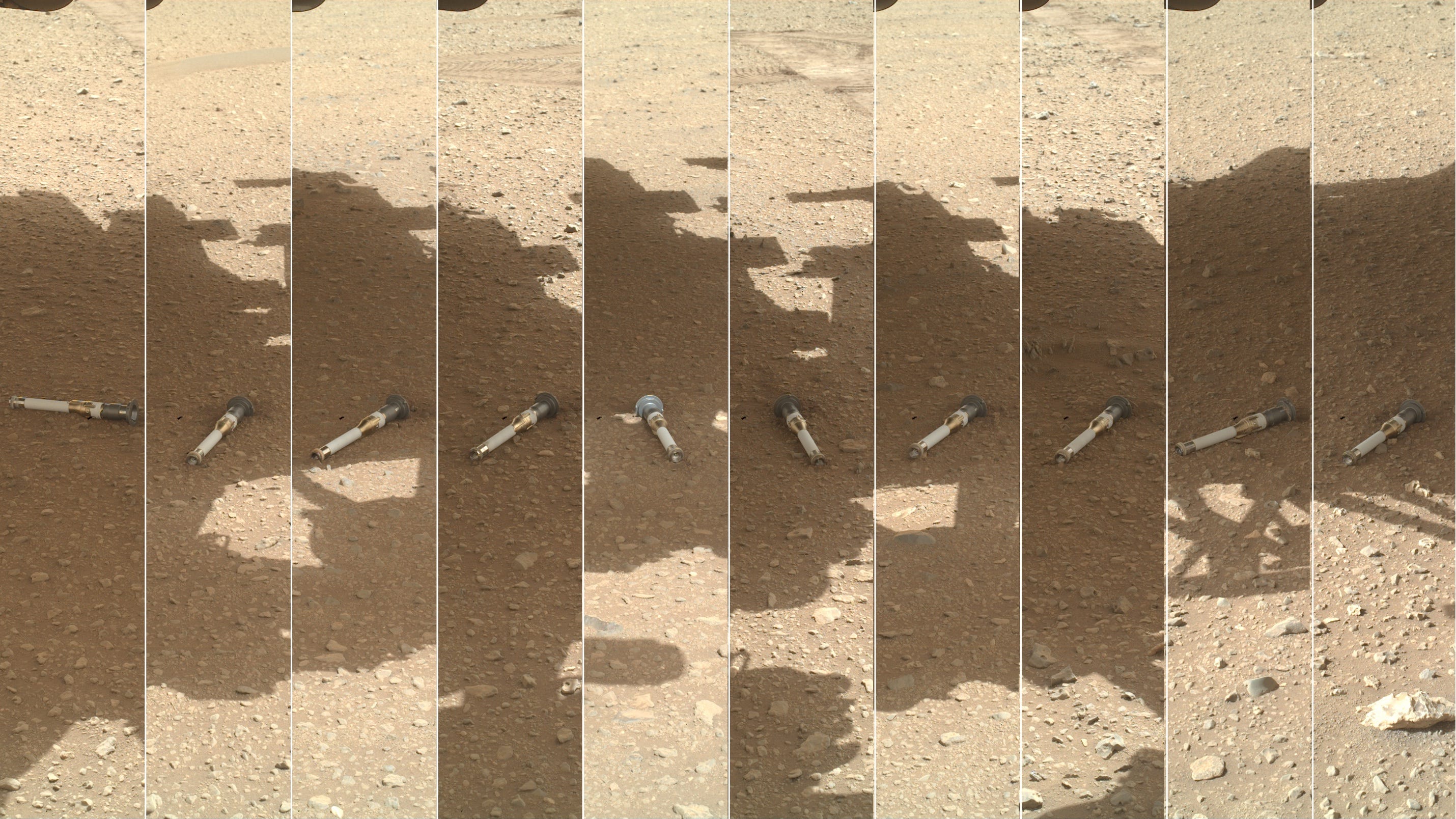 Mosaik aus Fotos von lichtschwertähnlichen Probenröhrchen auf der Marsoberfläche