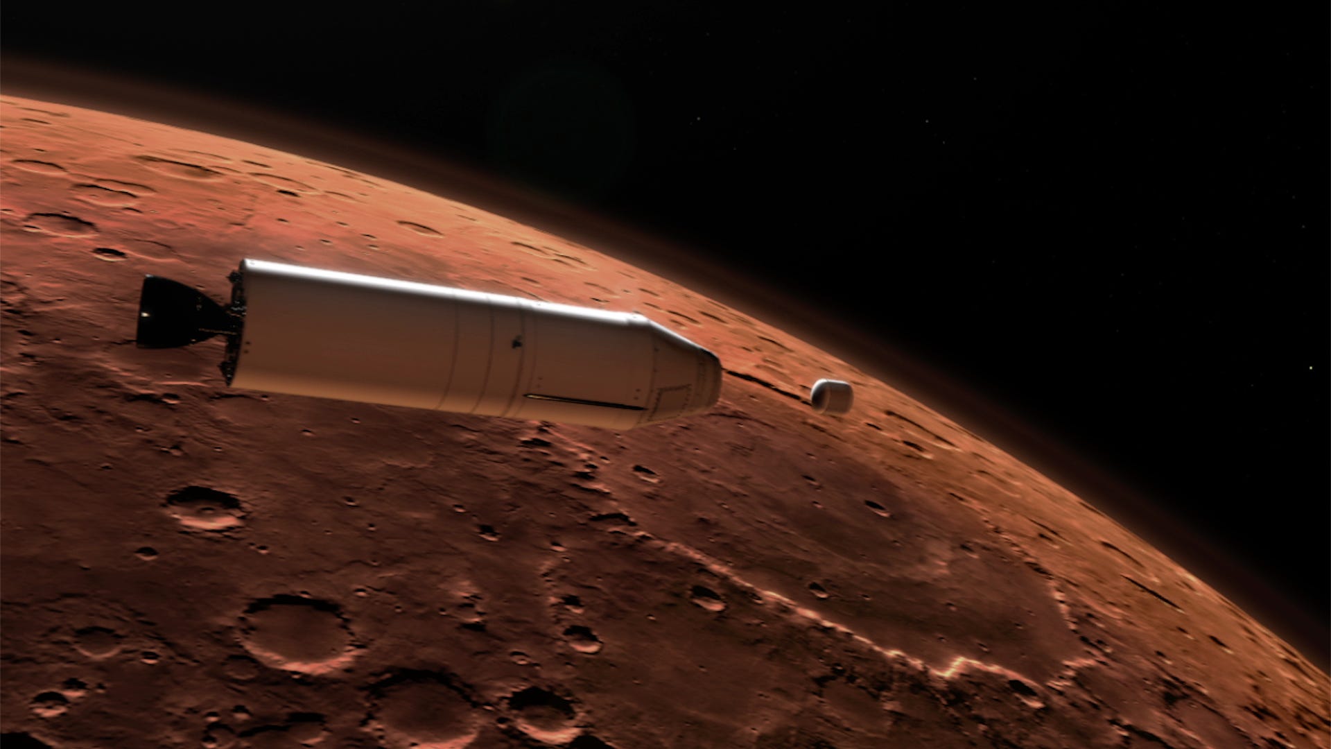 Die Abbildung der Mars-Probenrückführungsmission zeigt eine Minirakete, die einen kleinen Behälter in die Marsumlaufbahn freigibt
