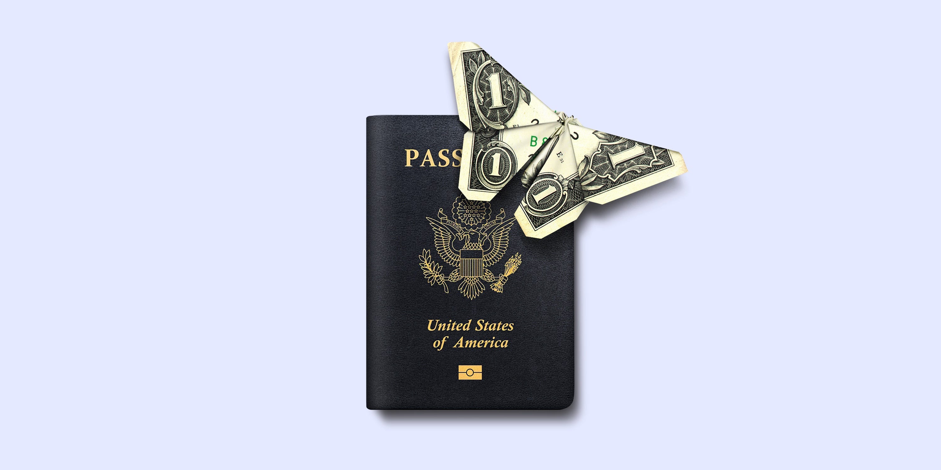 Fotoillustration eines Pass- und Geldschmetterlings.