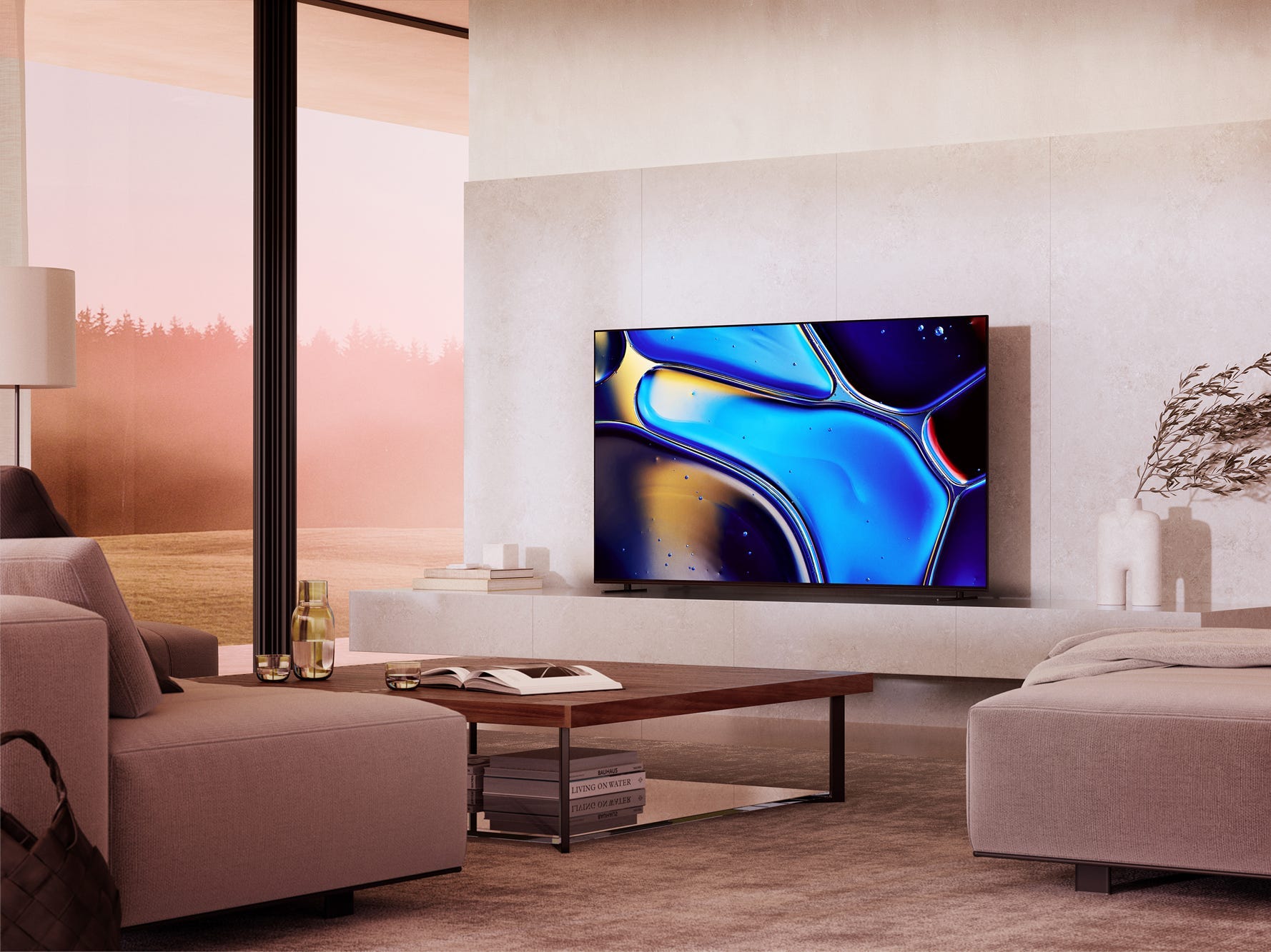 Ein Bravia 8 OLED-Fernseher auf einer Unterhaltungskonsole in einem Wohnzimmer.
