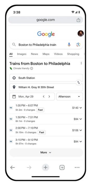 Wenn Sie in der Google-Suche nach Zügen und Bussen suchen, werden Ihnen Fahrpläne und Preise angezeigt. Google Maps zeigt alternative Transport- und Fußwege sowie Wegbeschreibungen an