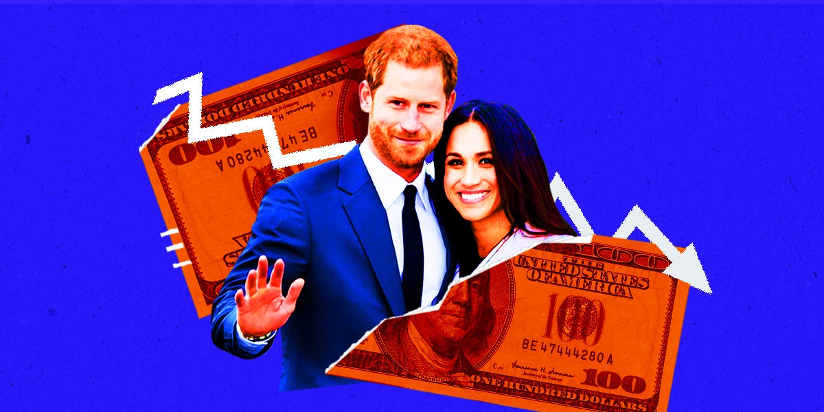 Prinz Harry und Meghan Markle werden durch einen zerrissenen 100-Dollar-Schein mit einer absteigenden Linie geteilt