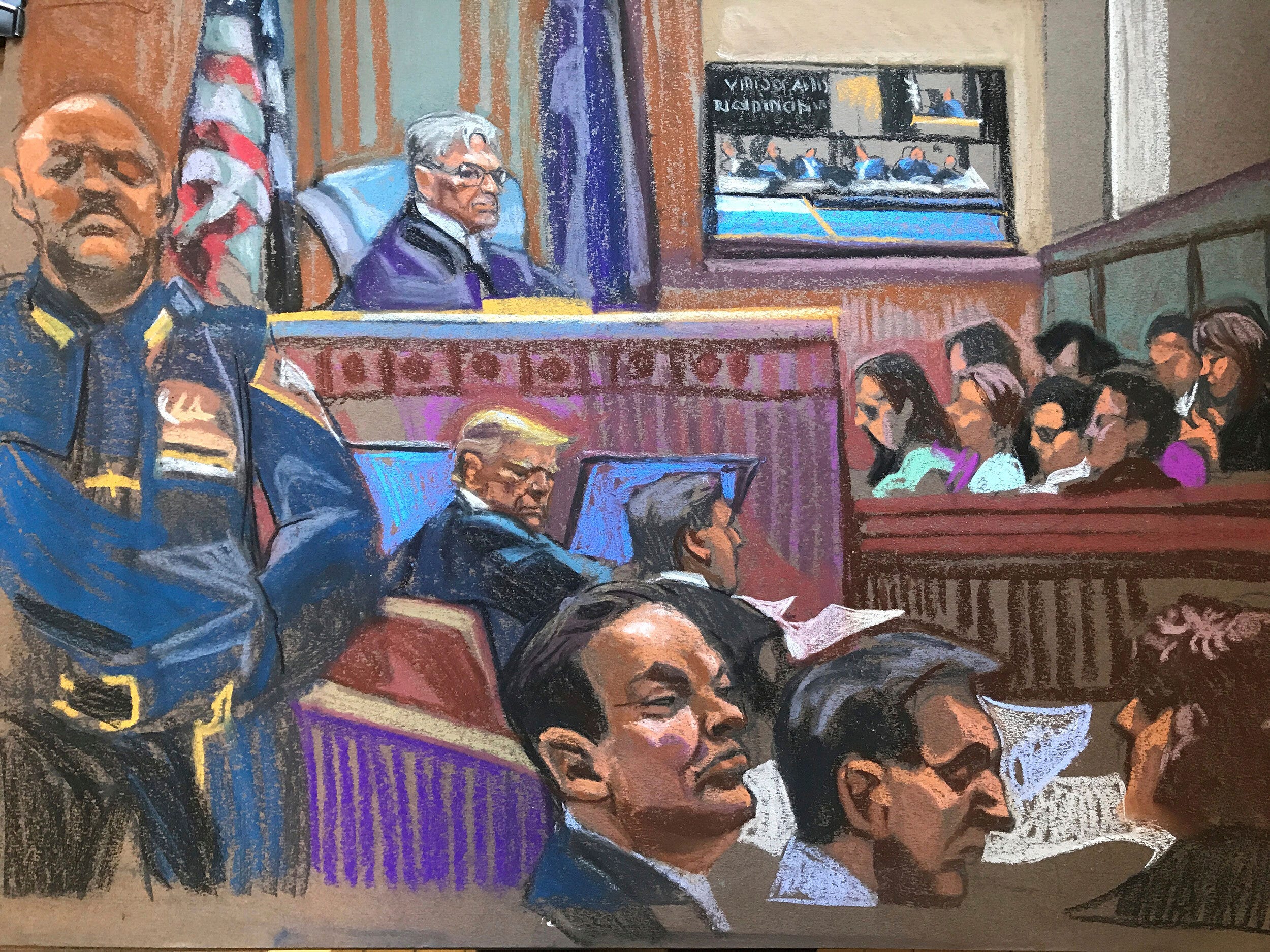 In dieser Gerichtsskizze sitzt der ehemalige Präsident Donald Trump neben seinem Anwalt Todd Blanche am zweiten Tag der Geschworenenauswahl in seinem New Yorker Strafprozess am 16. April 2024.