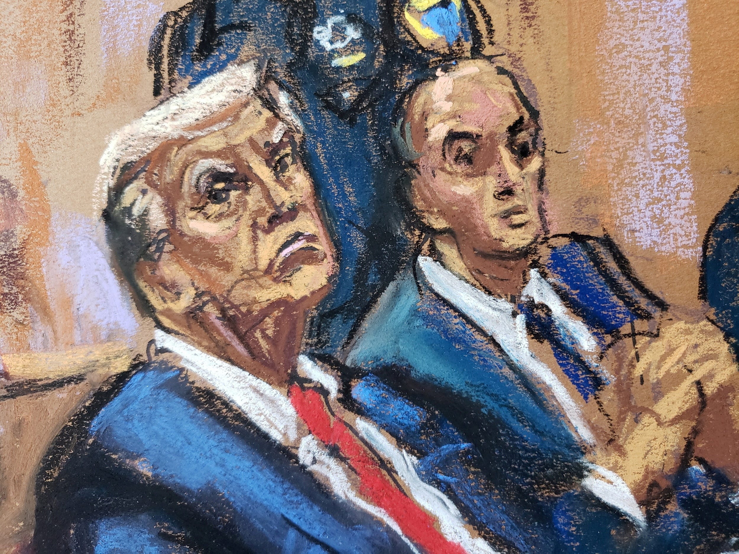Eine Gerichtsskizze zeigt Donald Trump, wie er neben Emil Bove im Gericht sitzt.