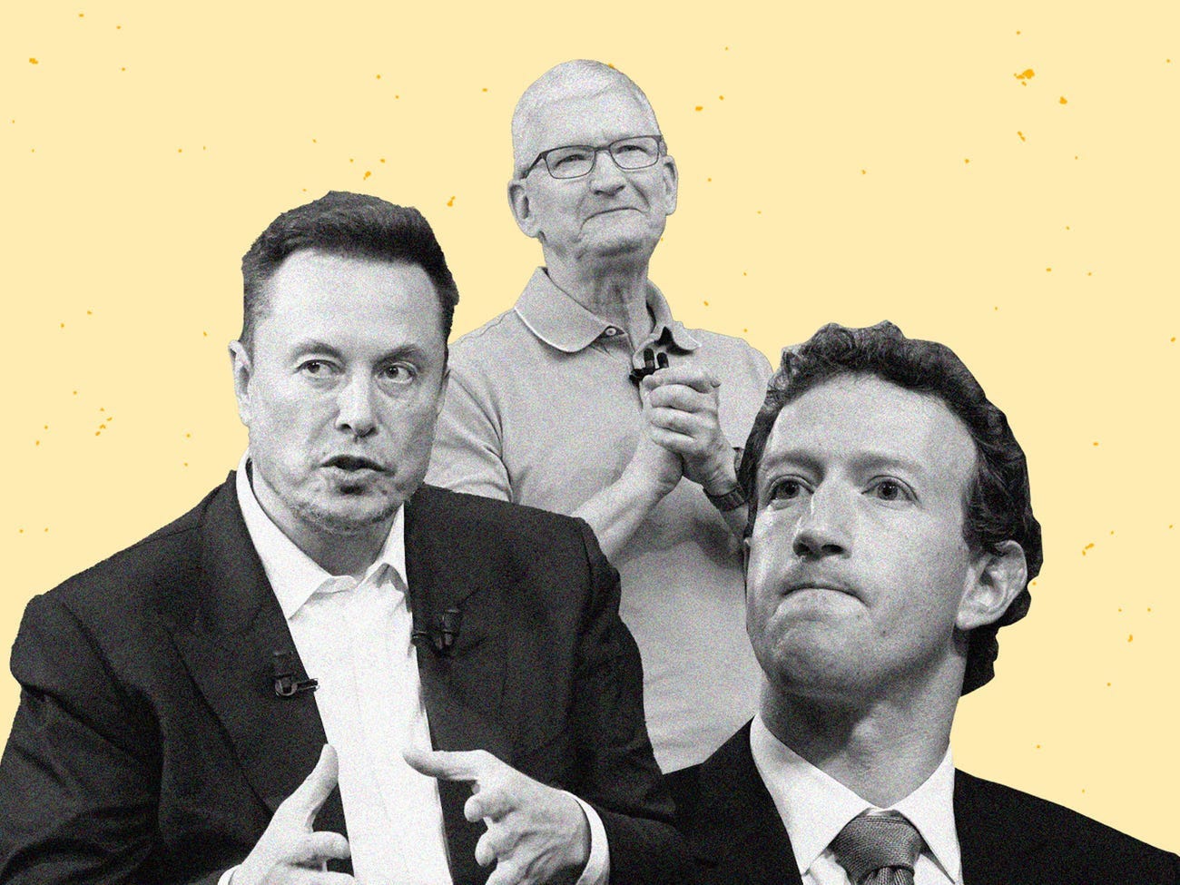Mark Zuckerberg, Elon Musk und Tim Cook vor gelbem Hintergrund.