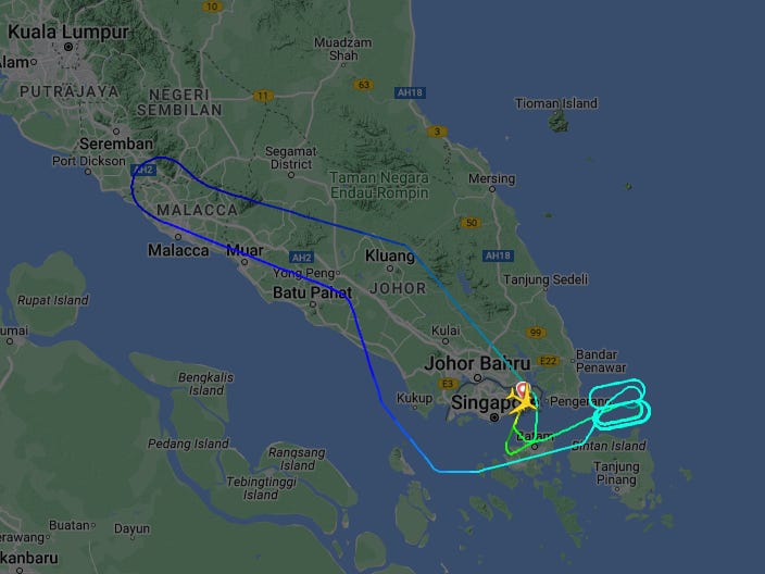 Ein Bild, das die Route von British-Airways-Flug 12 zeigt, der aufgrund eines technischen Defekts nach Singapur zurückkehren musste.