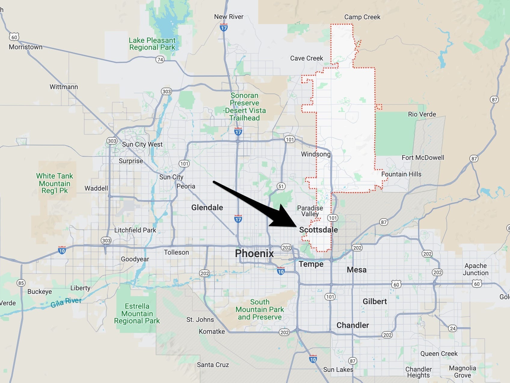 Eine Karte von Arizona mit einem Pfeil, der auf Scottsdale zeigt
