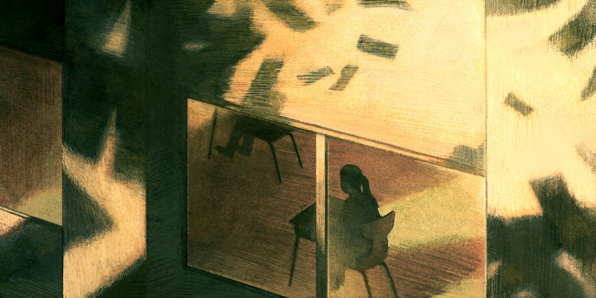 Eine Illustration eines Kindes, das an einem Schreibtisch in einem Gebäude sitzt.