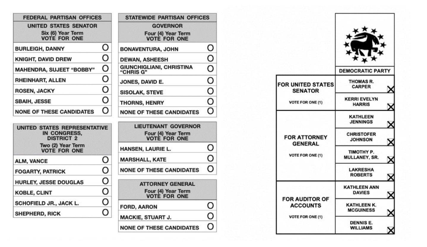 „Büroblock“-Stimmzettel aus Nevada und Delaware.