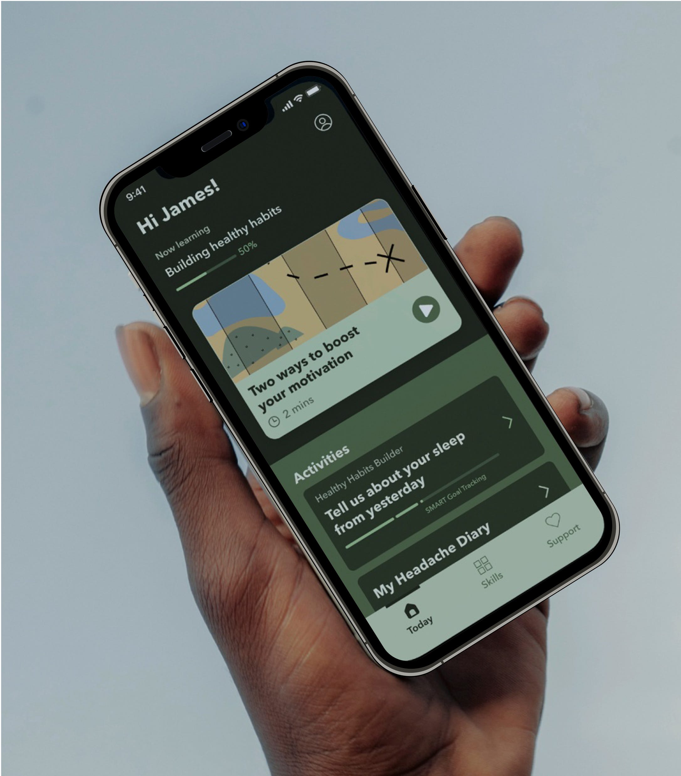 Eine mobile App-Oberfläche mit Modulen, die einem Benutzer dabei helfen, gesunde geistige Gewohnheiten aufzubauen