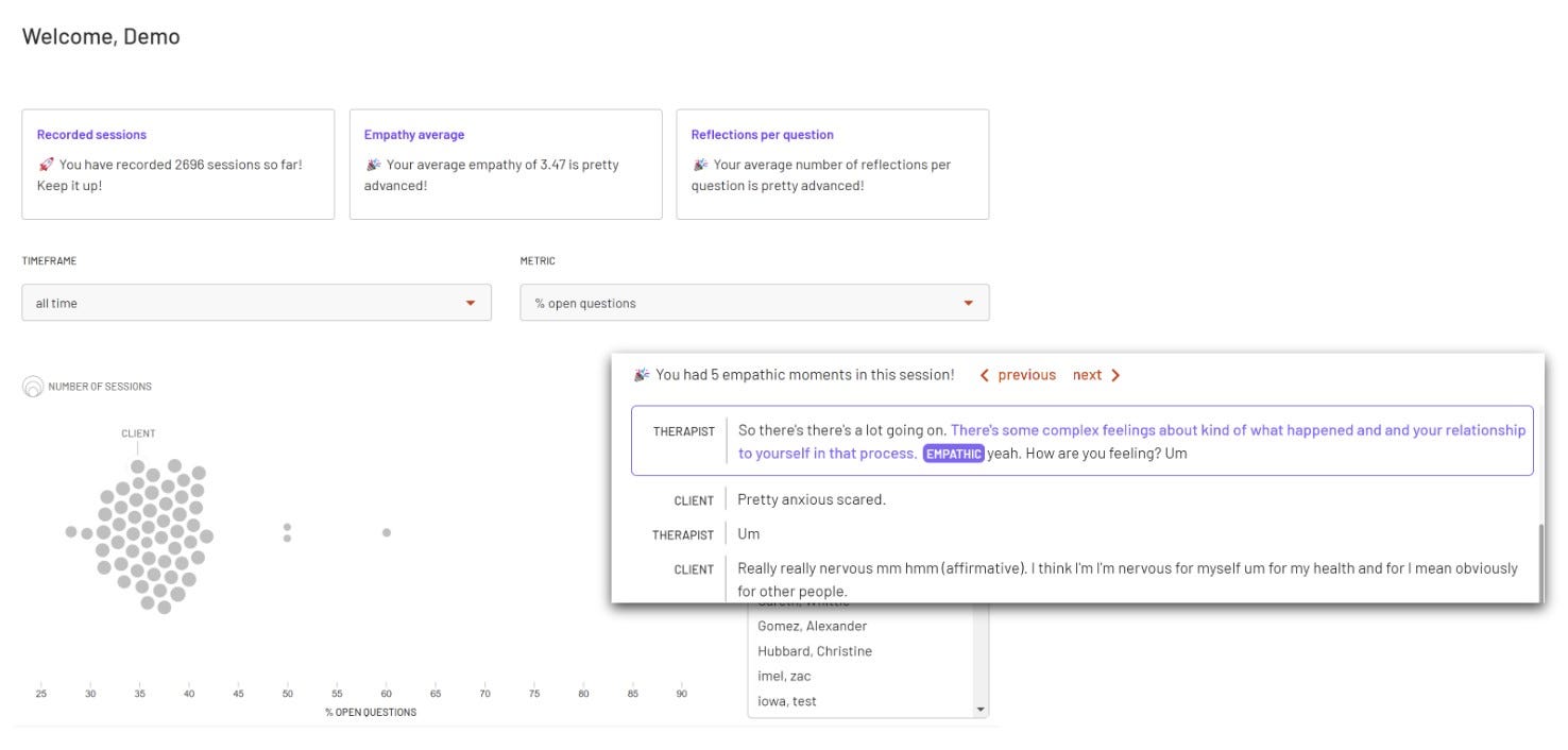 Eine Demoversion des Lyssn-Dashboards zeigt, wie die Plattform Transkripte der Sitzungen eines Therapeuten mit Klienten bereitstellt.
