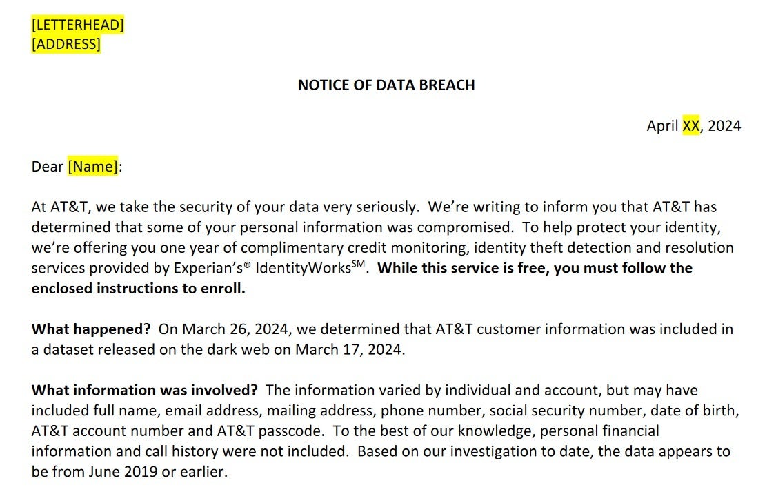 AT&T sendet einen Brief an die 51 Millionen ehemaligen und aktuellen Abonnenten, deren persönliche Daten online preisgegeben wurden – Die 51 Millionen Kunden, die von der AT&T-Datenpanne betroffen sind, erhalten 12 Monate lang kostenlosen Schutz
