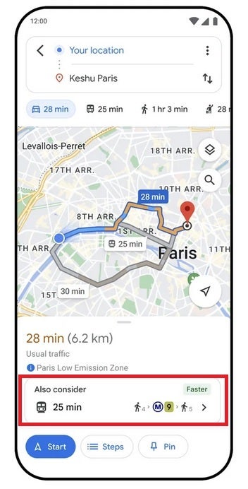 Das rote Kästchen zeigt alternative Vorschläge für öffentliche Verkehrsmittel auf Google Maps an – Google Maps zeigt alternative Wegbeschreibungen zu öffentlichen Verkehrsmitteln und zu Fuß sowie Wegbeschreibungen an