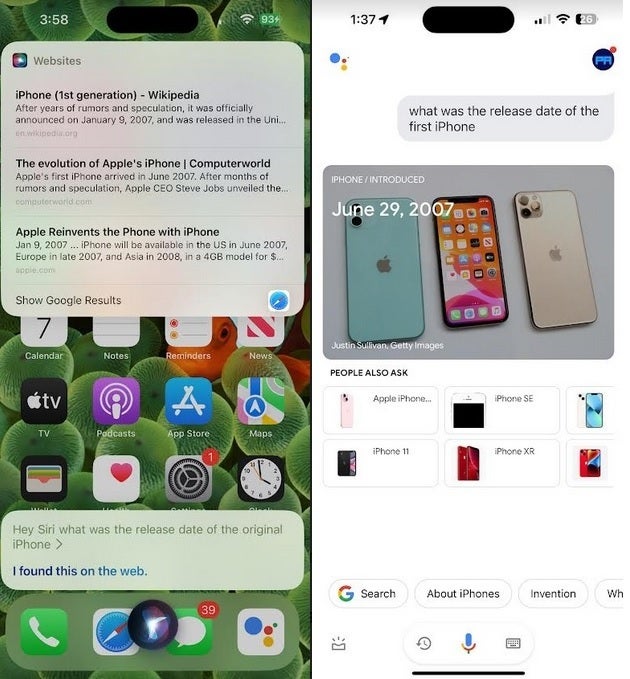 Siri (L) und Google Assistant (R) antworten auf die gleiche Frage zum Erscheinungsdatum des Original-iPhones – Siri könnte nach der KI-Überarbeitung von iOS 18 zum König im Reich der digitalen Assistenten aufsteigen
