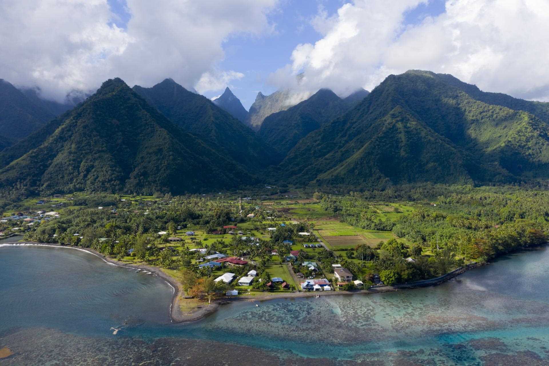 Aerial view of Teahupoo, in Tahiti (French Polynesia).