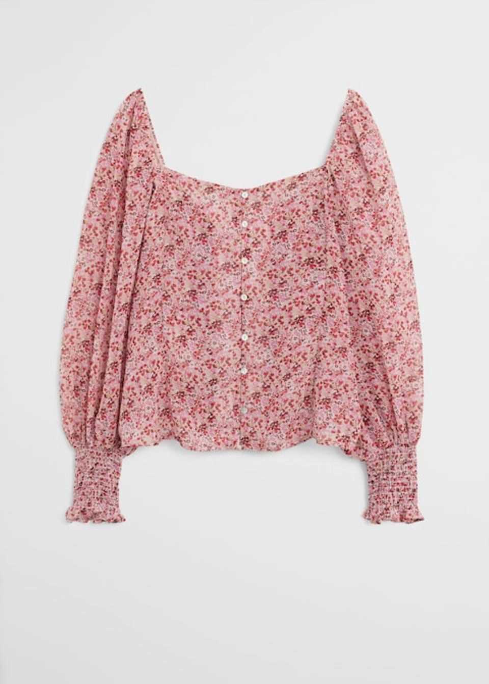 Diligent blouse with mille fleurs print, button placket and off-the-shoulder neckline.  From Violeta by Mango, around 50 euros. 