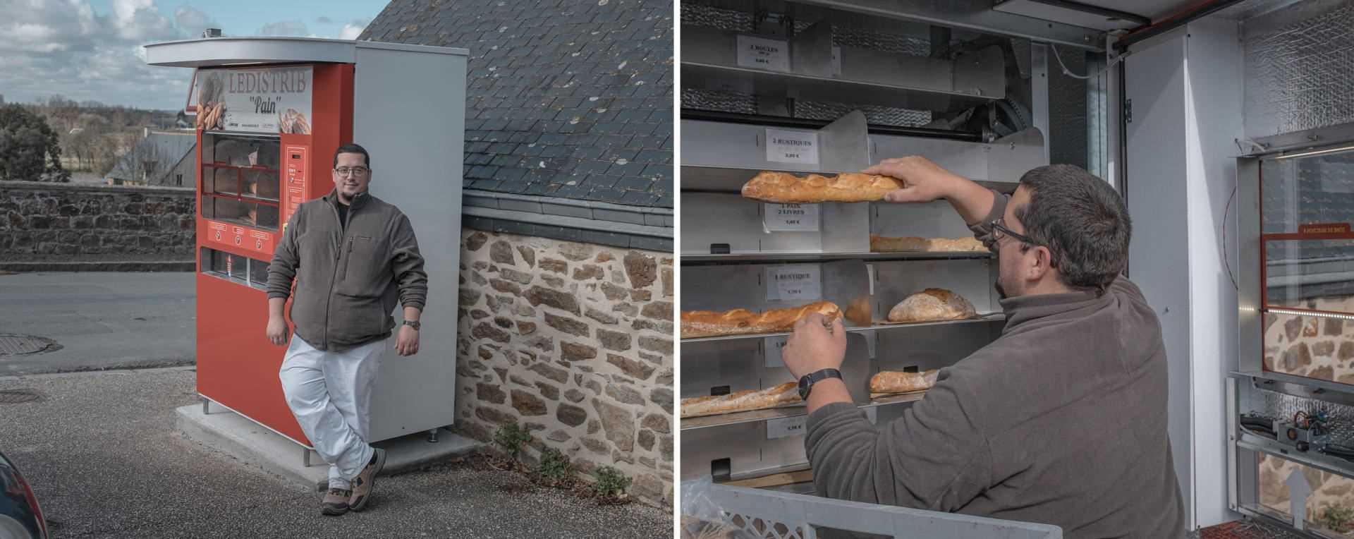 Boulander Nicolas Lattay recharges the automatic bread distributor in Mont-Dol.