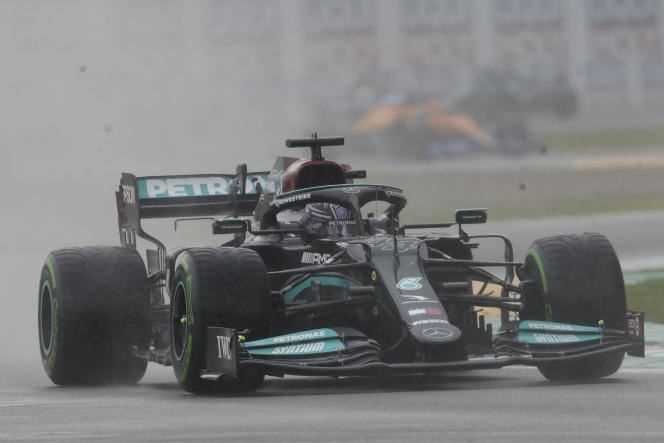 Lewis Hamilton in the rain during the Emilia-Romagna Grand Prix on April 18.