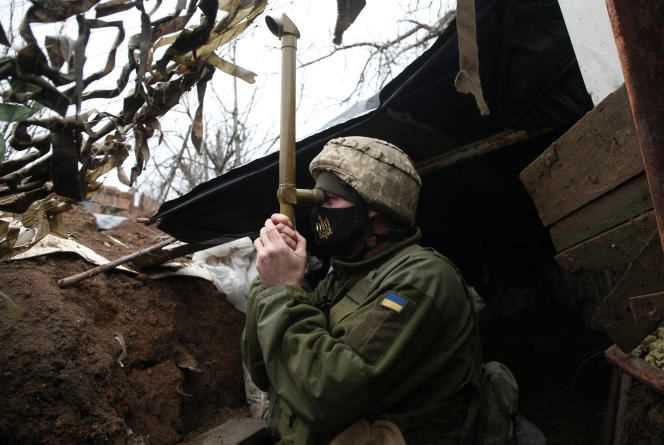 A Ukrainian soldier stationed in Marinka in the Donetsk region, near the border with Russia, on April 12.