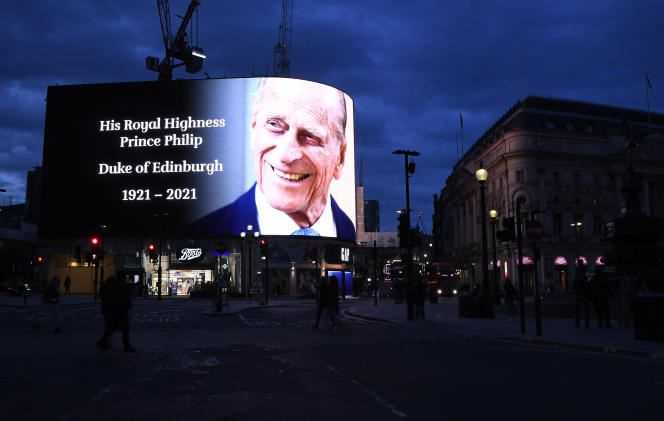 A tribute to Prince Philip is shown on the big screen at Piccadilly Circus in London on April 9.