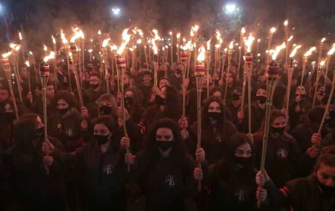 A torchlight procession to commemorate the 106th anniversary of the massacre of Armenians by Ottoman Turks in Yerevan on April 23.