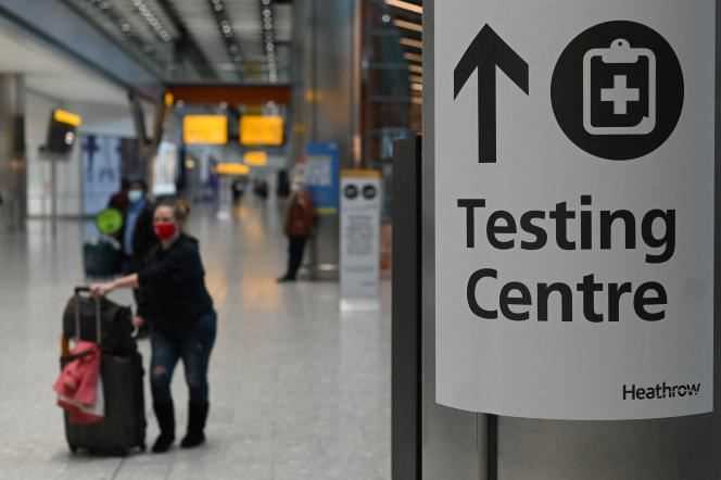 A sign indicates a test center for the Covid-19, at Heathrow Airport in London, on February 9, 2021.