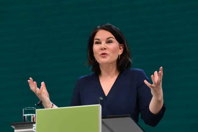 Annalena Baerbock, delivers a speech at an event where the Greens nominated her as chancellor candidate for the upcoming federal election, in Berlin, Germany, Monday April 19, 2021.