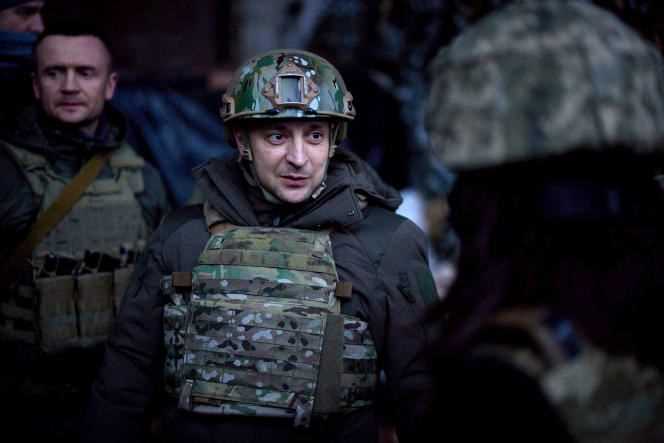 Ukrainian President Volodymyr Zelensky visits troops in the Donetsk region on February 11.