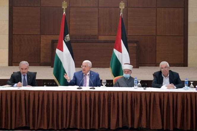Palestinian President (center) Mahmoud Abbas in Ramallah, West Bank, April 29.
