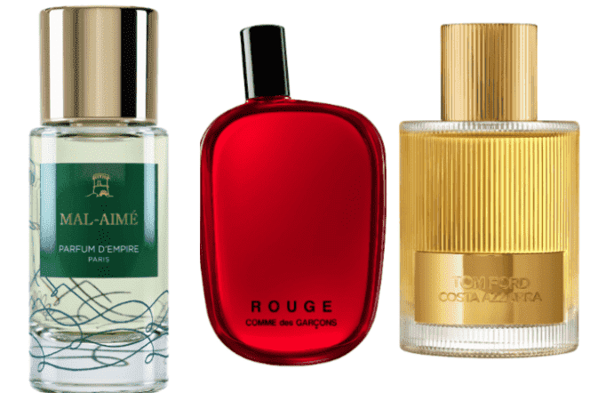 From left to right: Mal-Aimé, Parfum d'Empire, € 108 for 50 ml.  Red, Comme des Garcons, 140 € for 100 ml.  Costa Azzurra, Tom Ford, € 155 for 100 ml.