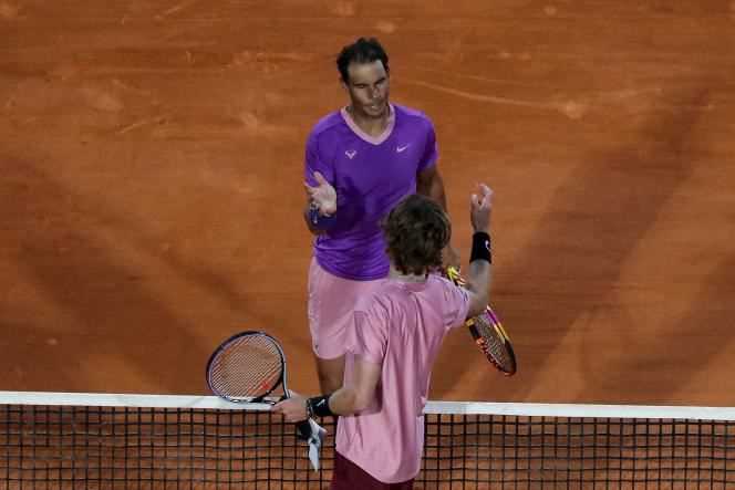 Spain's Rafael Nadal shakes hands with Andrey Rublev of Russia after their quarter-final matchday seven of the ATP Masters Series tournament in Monte-Carlo, Monaco, April 16, 2021.