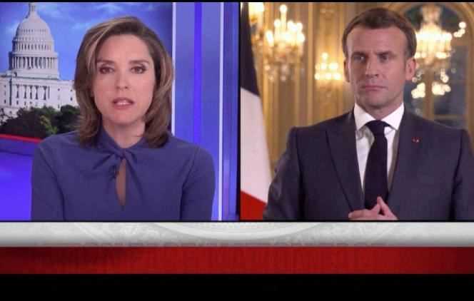 Screen capture of Emmanuel Macron's interview by 'Face the Nation' reporter Margaret Brennan on CBS News, April 17, 2021.