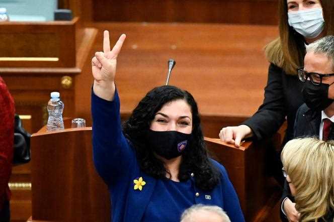 Newly elected Kosovo President Vjosa Osmani reacts after being sworn in at a parliamentary session in Pristina on April 4, 2021.