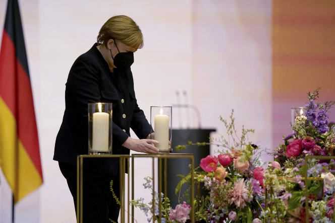 German Chancellor Angela Merkel at the national ceremony for the German victims of the coronavirus pandemic at the Konzerthaus concert hall in Berlin on April 18, 2021.