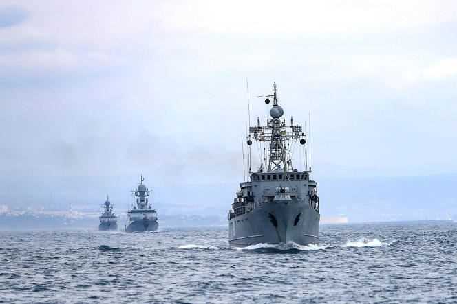 Russian Navy ships during exercises in the Black Sea, April 14, 2021.