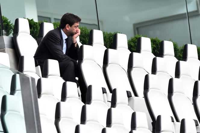 Juventus president Andrea Agnelli alone in the stands at Allianz Turin on April 11, 2021.