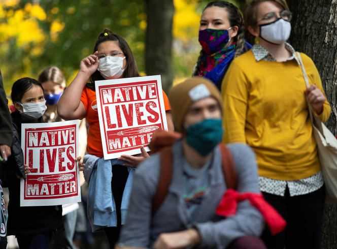 “Native Lives Matter” signs brandished during an anti-racist demonstration in Montreal on October 3, 2020.