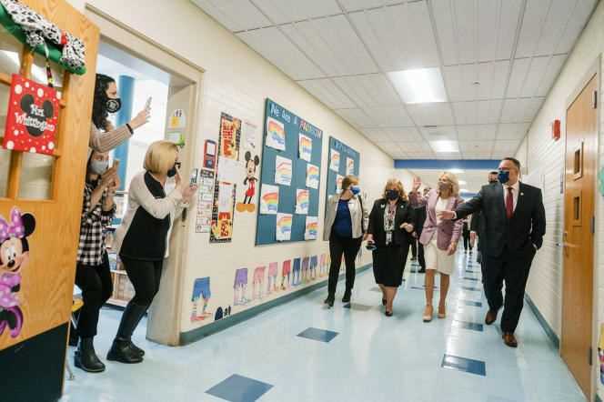 Miguel Cardona, the education minister from Puerto Rico, at a school in Meriden, Connecticut, with Jill Biden, the First Lady, to his left on March 3, 2021.