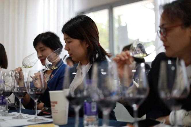 Wine tasting during a masterclass given by the Australian vineyard Monteperle during the China Food and Drinks Fair, in China, April 3, 2021.