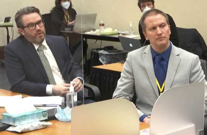 Screenshot showing attorney Eric Nelson (left) and his client Derek Chauvin, charged with 