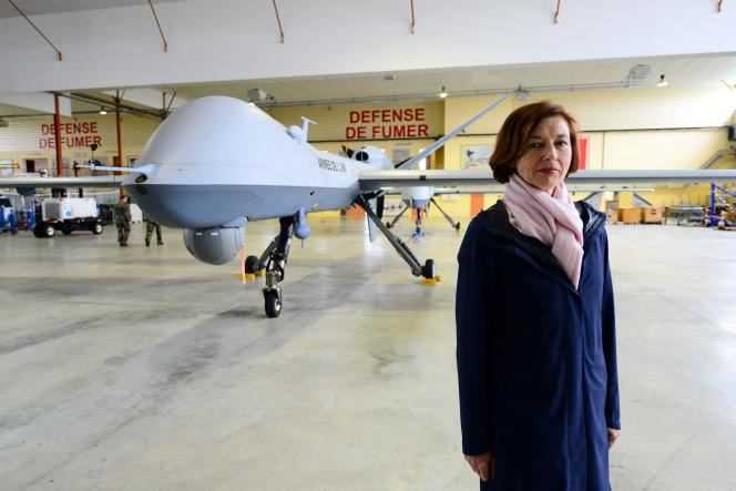 The Minister of the Armed Forces, Florence Parly, in front of a General Atomics MQ-9 Reaper drone, at the Cognac-Chateaubernard military base, May 14, 2020.