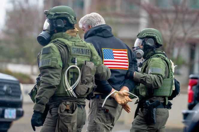 Arrested after protest in Salem, Oregon, March 28, 2021.