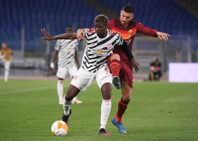 Paul Pogba and Lorenzo Pellegrini, in action, during the Europa League semi-final second leg between AS Roma and Manchester United, in Rome on May 6, 2021.