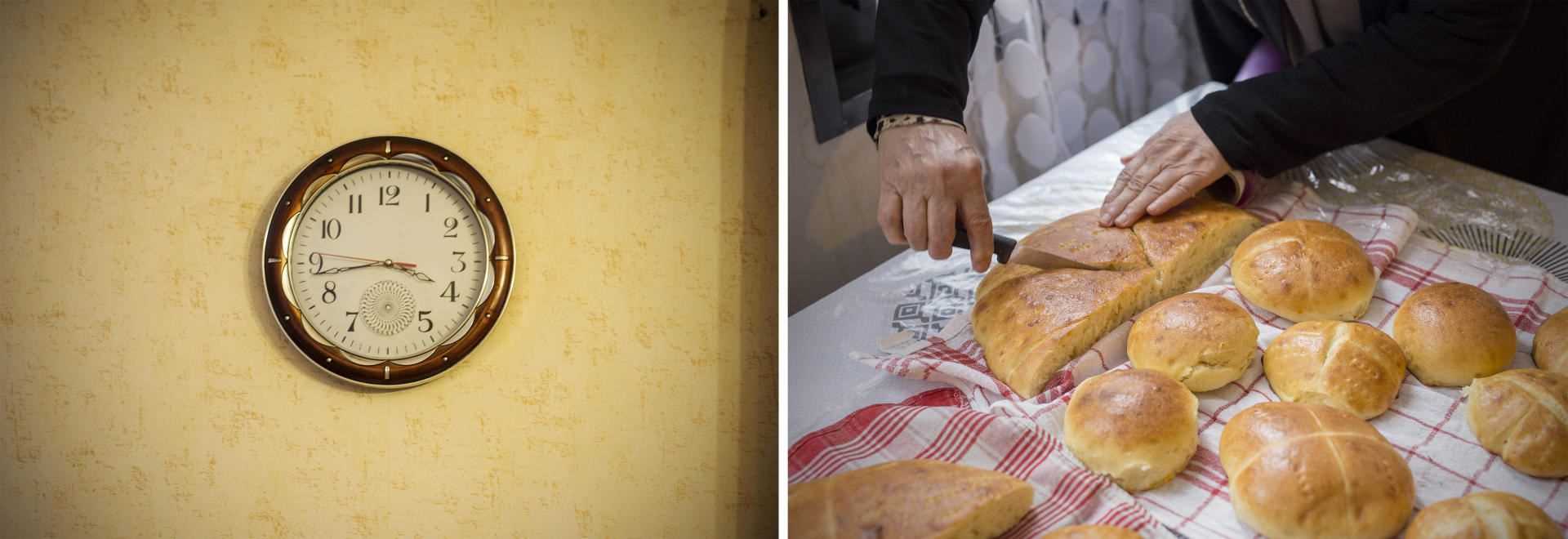 On the left, at Katouja Attouche, the clock is stopped at snack time.  On the right, Zohra Benoumeur prepares bread for her “sisters” who make Ramadan.