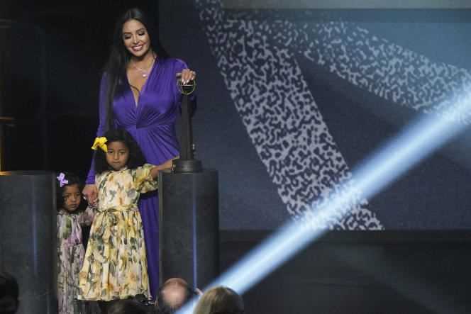 Vanessa Bryant and her daughters Capri and Bianka on stage at the Mohegan Sun Arena, May 15, in Uncasville, Connecticut, for Kobe Bryant's induction ceremony into the Hall of Fame.
