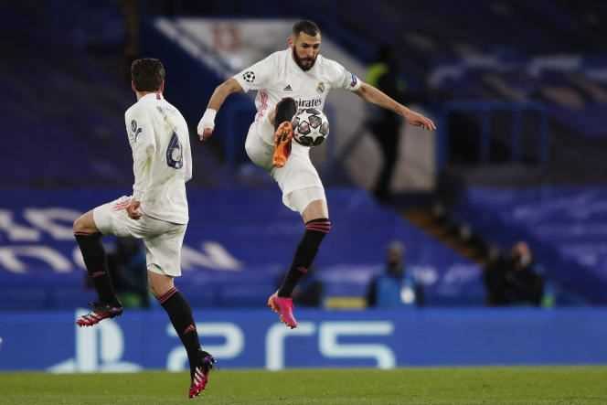 Karim Benzema playing for Real Madrid against Chelsea, at Stamford Bridge stadium in London on May 5, 2021.