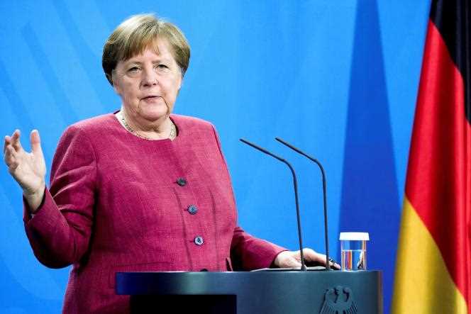 German Chancellor Angela Merkel at a press conference following the G20 virtual health summit in Berlin in May 2021.