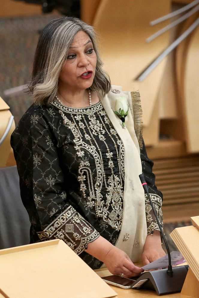 Independentist Kaukab Stewart, in traditional Pakistani attire, at the Scottish Parliament, Edinburgh, May 13.