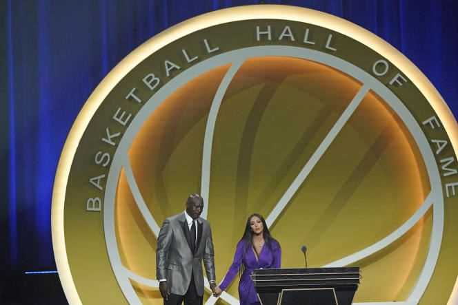 Vanessa Bryant and Michael Jordan on stage at Mohegan Sun Arena on May 15 in Uncasville, Connecticut for Kobe Bryant's Hall of Fame induction ceremony.