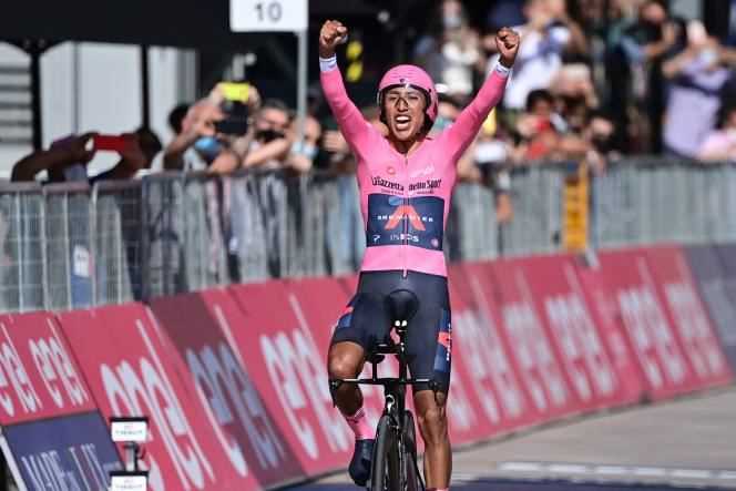Egan Bernal celebrates his victory by crossing the finish line of the Tour of Italy on Sunday May 30.